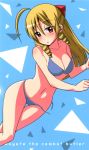  1girl ahoge bikini blonde_hair blush breasts cleavage collarbone drill_hair hayate_no_gotoku! long_hair lying navel red_eyes solo swimsuit tennousu_athena 