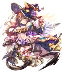  1girl beatrix_(granblue_fantasy) bikini breasts brown_hair cleavage detached_sleeves granblue_fantasy haku_(sabosoda) halloween hat long_hair medium_breasts navel parted_lips skirt solo strapless swimsuit thigh-highs witch_hat 