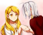  1boy 1girl arslan arslan_senki blonde_hair blue_eyes blush breasts cloak earrings etoile_(arslan_senki) jewelry long_hair necklace short_hair silver_hair smile yellow_eyes 