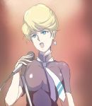  1girl biruberu blonde_hair blue_eyes crowley_hamon earrings gundam heart jewelry microphone mobile_suit_gundam music necktie open_mouth short_hair singing 