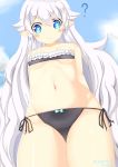  1girl ? arms_behind_back black_panties blue_eyes blush breasts elsword long_hair looking_at_viewer panties pointy_ears small_breasts smile solo star-shaped_pupils symbol-shaped_pupils thighs under_boob underwear very_long_hair white_hair 