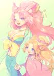  2girls artist_request blonde_hair blue_eyes cat furry hikimayu japanese_clothes multiple_girls open_mouth pink_hair 