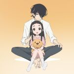  1boy 1girl barefoot black_hair blush collared_shirt commentary_request dress facial_hair father_and_daughter full_body goto_hime goto_kakushi gradient gradient_background hand_on_another&#039;s_shoulder hime_cut holding holding_stuffed_toy indian_style kakushigoto looking_at_another looking_at_viewer open_mouth pants pink_dress shirt short_bangs sitting smile socks stubble stuffed_animal stuffed_dog stuffed_toy thick_eyebrows toes white_legwear white_shirt yamamoto_shuuhei 