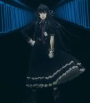  black_dress black_hair drifters easy_(drifters) frilled_dress frills gloves id_card long_hair necktie short_sleeves star stitched striped_legwear uneven_sleeves white_gloves 