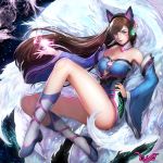  1girl 2016 acronym adapted_costume ahri ahri_(cosplay) animal_ears artist_name bangs bare_shoulders blue_dress blue_shoes breasts brown_eyes brown_hair bunny_print character_name choker cleavage d.va_(overwatch) dated detached_sleeves dress energy_ball facepaint facial_mark fake_animal_ears fox_ears fox_tail hand_on_hip headphones high_heels highres knee_up kneehighs korean_clothes large_breasts league_of_legends legs lipstick long_hair long_sleeves looking_at_viewer makeup multiple_tails nail_polish nose overwatch parted_lips pink_lips pink_lipstick pink_nails shoes signature smile solo strapless strapless_dress swept_bangs tail tassel ttaji_(pass35) very_long_hair whisker_markings wide_sleeves 