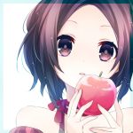  1girl apple black_eyes black_hair commentary_request eyebrows face food fruit holding holding_fruit kuroi_(liar-player) looking_at_viewer nail neck_ribbon original out_of_frame parted_lips ribbon short_hair solo 