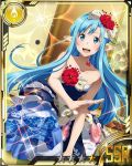  1girl asuna_(sao) asuna_(sao-alo) blue_eyes blue_hair breasts card_(medium) cleavage collarbone dress flower hair_flower hair_ornament jewelry long_hair looking_at_viewer medium_breasts necklace open_mouth pointy_ears red_flower solo star strapless strapless_dress sword_art_online 