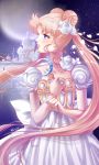  1girl 2014 bishoujo_senshi_sailor_moon blonde_hair blue_eyes collarbone dated dress earrings felicia-val flower hair_flower hair_ornament highres holding jewelry long_hair moon princess_serenity signature solo twintails white_dress white_flower 