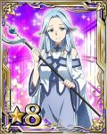  1girl blue_eyes blue_hair card_(medium) dress hair_ornament holding long_hair looking_at_viewer number pointy_ears siune_(sao) smile solo staff star sword_art_online 