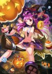  1girl breasts broom broom_riding candy cleavage female foreshortening halloween jack-o&#039;-lantern licking_lips lollipop original panties pig pink_hair pumpkin red_eyes tongue tongue_out underwear white_panties wink witch 