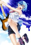  1girl absurdres akitsuki_fuuka bare_arms bare_legs bare_shoulders blue_eyes blue_hair blue_sky clouds copyright_request guitar highres instrument jumping leg_lift leg_up looking_at_viewer open_mouth seo_kouji shirt shoelaces shoes short_hair shorts sky sleeveless sleeveless_shirt smile sneakers solo_focus teeth 