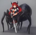  1girl airomed arachne arceonn armor bangs bikini_armor breasts choker cleavage demon_horns full_body gloves grey_background hands_together high_collar highres holding holding_sword holding_weapon horns insect_girl jewelry large_breasts light_smile long_hair looking_at_viewer monster_girl multiple_legs navel necklace original pendant planted_sword planted_weapon redhead runes single_gauntlet single_glove slit_pupils solo spaulders spider_girl standing sword weapon yellow_eyes 