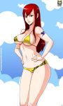  1girl bikini breasts cleavage clouds erza_scarlet fairy_tail female kyoffie large_breasts long_hair midriff navel redhead smile solo swimsuit under_boob 