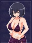  1girl bare_shoulders black_hair breasts cleavage dress female grey_eyes grin joukamachi_no_dandelion large_breasts midriff navel open_mouth ribbon sakurada_kanade short_hair smile solo 