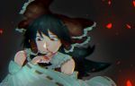  1girl black_hair blood bloody_hand bow dark detached_sleeves frills glowing hair_bow hair_tubes hakurei_reimu long_hair long_sleeves looking_at_hand nosebleed parted_lips red_eyes ribbon solo touhou wide_sleeves yoshii_tachiko 