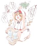  1girl ^_^ aki_minoriko aki_shizuha armpits barefoot bikini blush blush_stickers breasts buck_teeth closed_eyes clothes_removed d: flying_sweatdrops folded_clothes food freckles fruit grapes hat large_breasts mitsumoto_jouji mob_cap open_mouth plump short_hair solo sweat swimsuit thighs touhou translation_request 