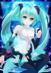 1girl absurdres black_legwear blue_eyes blue_hair breasts detached_sleeves felicia-val hair_between_eyes hair_ornament hatsune_miku highres long_hair looking_at_viewer medium_breasts miku_append navel signature solo twintails vocaloid vocaloid_append white_background 