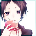  1boy apple black_eyes black_hair commentary_request eyebrows face food fruit holding holding_fruit kuroi_(liar-player) looking_at_viewer nail neck_ribbon original out_of_frame parted_lips ribbon solo 
