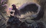  1girl absurdres akuma_homura black_dress black_feathers black_hair black_wings breasts cleavage dress feathered_wings flower hands_together highres holding interlocked_fingers long_hair mafuyu_(867208837) mahou_shoujo_madoka_magica mahou_shoujo_madoka_magica_movie outdoors purple_flower ruins solo strapless strapless_dress wings 