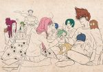  3boys 4girls alien animal baby blue_hair brown_hair emilia_jenius gamlin_kizaki green_hair grey_hair guvava kotatsu kutsuno long_hair macross macross_7 macross_delta macross_frontier maximilian_jenius meltrandi millia_jenius mirage_farina_jenius monochrome multiple_boys multiple_girls multiple_monochrome mylene_jenius nekki_basara partially_colored pink_hair ranka_lee sheryl_nome skirt stew table 