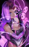  1girl adapted_costume asymmetrical_hair breasts cleavage cleavage_cutout dark_skin highres leotard looking_at_viewer multicolored_hair overwatch salmon88 solo sombra_(overwatch) two-tone_hair 