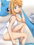  1girl blue_eyes breasts female gym_leader kasumi_(pokemon) lapras nintendo one-piece_swimsuit pokemon smile swimsuit yassy_(yasikoz2008) 