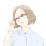  1girl adjusting_glasses arm_up bangs blue_eyes brown_hair glasses original parted_bangs simple_background solo solvalou white_background 