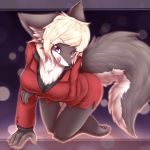 1girl artist_request breasts dog female full_body furry looking_at_viewer skirt solo tongue violet_eyes white_hair 