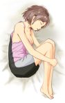  1girl barefoot basketball_uniform bed_sheet breasts brown_hair closed_eyes collarbone fetal_position original short_hair simple_background sleeping solo solvalou sportswear white_background 