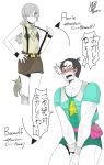  1boy 1girl annie_of_the_stars belt beowulf_(skullgirls) blush cosplay costume_switch crossdressinging embarrassed eyepatch miniskirt open_mouth pelt skirt skullgirls smile spot_color suspenders text translation_request twin_braids vandyke_brown vest 