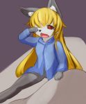  1girl akuma_gaoru artist_request blonde_hair copyright_request female furry open_mouth red_eyes solo waking_up wolf yawning 