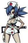  1girl blue_hair breasts face_mask female hat legs mask nurse nurse_cap ponytail red_eyes skullgirls surgical_mask valentine_(skullgirls) 