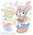  2girls artist_request black_eyes closed_eyes furry grin jumping mouse multiple_girls open_mouth pink_hair ponytail smile squirrel 