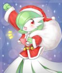  back bell belt christmas gardevoir green_hair hair_over_one_eye hat lotosu no_humans open_mouth pokemon pokemon_(game) red_eyes santa_costume short_hair smile solo 