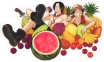  2boys apple banana boots brothers eating food fruit hat jewelry male_focus melon monkey_d_luffy multiple_boys necklace one_piece papaya persimmon pineapple plum portgas_d_ace red_vest siblings stampede_string straw_hat topless vest watermelon 