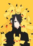  1boy artist_request black_hair crossover hair_over_one_eye naruto pikachu pokemon uchiha_sasuke upper_body yellow_background 