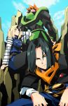 1girl 2boys android_16 android_17 android_18 back black_hair blonde_hair blue_sky dragon_ball dragonball_z looking_at_viewer mohawk multiple_boys nisego orange_hair rock sitting sky 