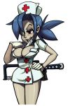  1girl blue_hair breasts face_mask female hat legs mask nurse nurse_cap ponytail red_eyes scar skullgirls surgical_mask valentine_(skullgirls) 