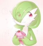  ? cupcake eating food gardevoir green_hair hair_over_one_eye lotosu nintendo no_humans pokemon pokemon_(game) red_eyes short_hair simple_background solo translation_request white_background 