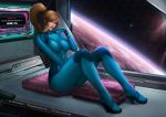 1girl between_legs blonde_hair bodysuit felox08 finger_to_mouth hand_between_legs high_ponytail knees_up looking_at_viewer metroid pillow planet ponytail samus_aran sitting solo space star_(sky) zero_suit