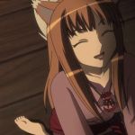  1girl animal_ears animated animated_gif barefoot brown_hair closed_eyes holo long_hair lowres smile spice_and_wolf tail wolf_ears wolf_tail 