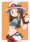  1girl blue_(pokemon) brown_eyes brown_hair hainchu navel nintendo poke_ball pokemon skirt solo 