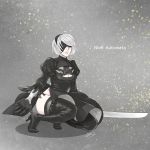 1girl artist_request black_dress blindfold breasts cleavage cleavage_cutout dress kneeling nier nier_automata side_slit silver_hair solo sword yorha_no.2_type_b 