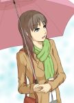  1girl bag bangs blue_eyes brown_hair green_scarf handbag happy holding holding_umbrella jacket long_hair looking_to_the_side pink_umbrella scarf simple_background smile solvalou two-tone_background umbrella white_background 