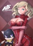  1girl 1other animal atlus blonde_hair bodysuit breasts cat cleavage cleavage_cutout gloves hair_ornament hairclip human kakekcaboel latex latex_gloves latex_suit megami_tensei mittens moe morgana_(persona_5) persona persona_5 takamaki_ann takamaki_anne twintails zipper 
