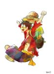  1boy arms_up bag belt black_hair closed_eyes hat hat_removed headwear_removed long_sleeves male_focus monkey_d_luffy one_piece open_clothes open_mouth open_shirt profile red_shirt sandals sash shirt shorts simple_background sitting smile solo straw_hat white_background 