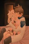  1boy 1girl alisha_diphda alternate_costume blonde_hair blush brown_hair couple hetero hug saya_(artist) short_hair side_ponytail sorey_(tales) tagme tales_of_(series) tales_of_zestiria 