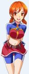 1girl arms_behind_back belt bike_shorts happy king_of_fighters leaning_forward looking_at_viewer m.u.g.e.n matching_hair/eyes midriff miniskirt orange_eyes orange_hair shinzaki_maria short_twintails simple_background skirt smile solo the_king_of_fighters_2003 tied_hair twintails white_background 