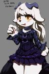  1girl artist_request copyright_request dog dress female furry hair_ribbon multicolored_eyes open_mouth orange_eyes ribbon short_hair simple_background solo white_hair yellow_eyes 