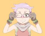  1girl bare_shoulders brown_eyes cape flat_chest glasses gloves hermana_larmo one_eye_closed open_mouth orange_background purple_hair short_hair tales_of_(series) tales_of_innocence wink 